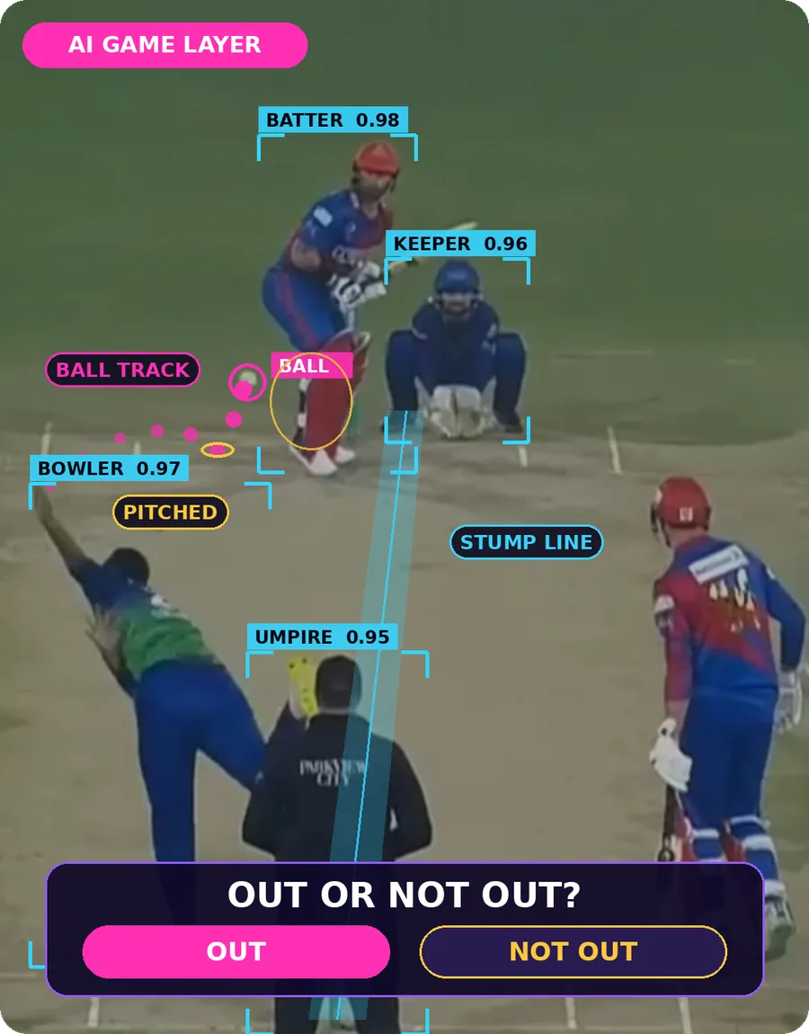 The same clip after our AI: batter, keeper, bowler, umpire and ball track tagged, with the question Out or not out